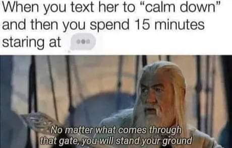 When you text her to calm down and then you spend 15 minutes staring at o majterwhaticomes hrough S that gate youiwillstand your ground 4