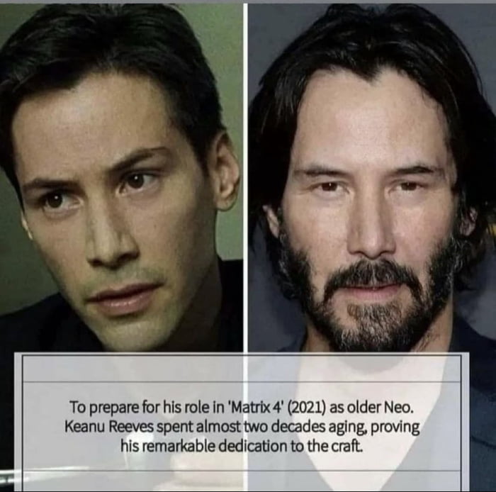 To prepare for his role in Matrix4 2021 as older Neo Keanu Reeves spent almost two decades aging proving his remarkable dedication to the craft