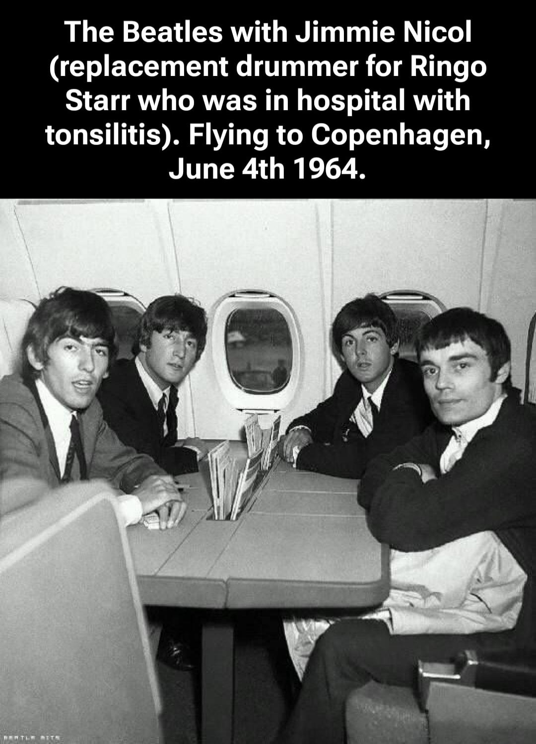 The Beatles with Jimmie Nicol (replacement drummer for Ringo Starr who was in hospital with tonsillitis). Flying to Copenhagen, June 4th 1964.