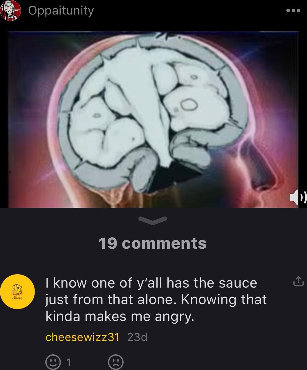 Oppaitunity 19 comments know one of yall has the sauce just from that alone Knowing that kinda makes me angry cheesewizz31 23d
