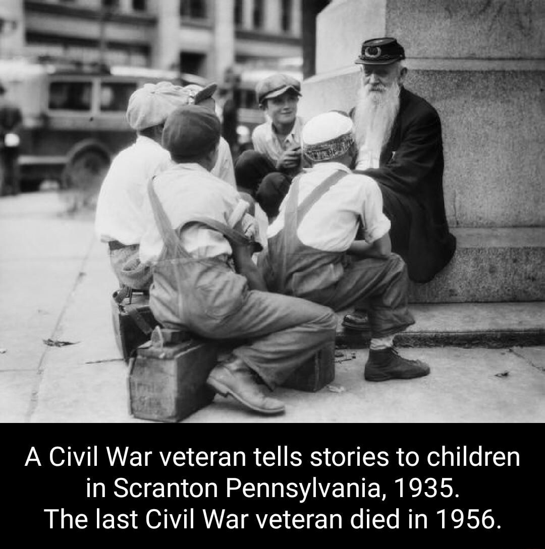 A Civil War veteran tells stories to children in Scranton Pennsylvania 1935 The last Civil War veteran died in 1956