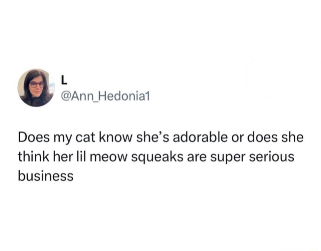 L @Ann_Hedonia1 Does my cat know she's adorable or does she think her lil meow squeaks are super serious business