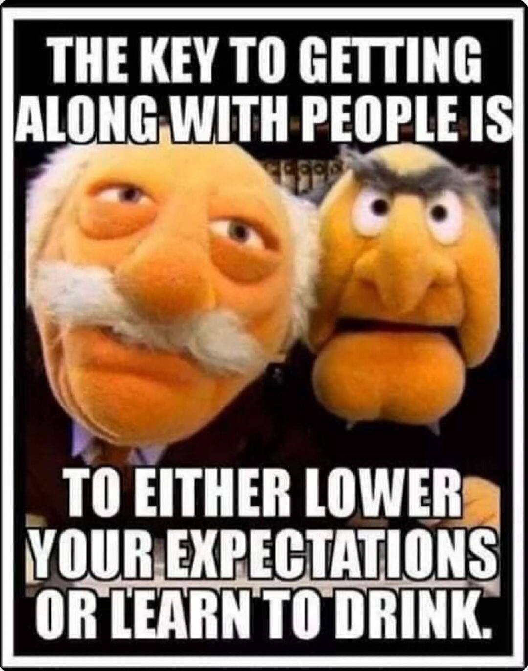 THE KEY TO GETTING ALONG WITH PEOPLE IS TO EITHER LOWER YOUR EXPECTATIONS OR LEARN TO DRINK.