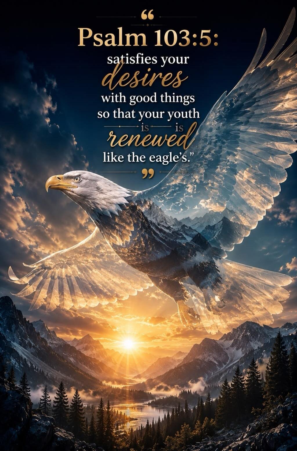 Psalm 103:5: satisfies your desires with good things so that your youth is renewed like the eagle's.