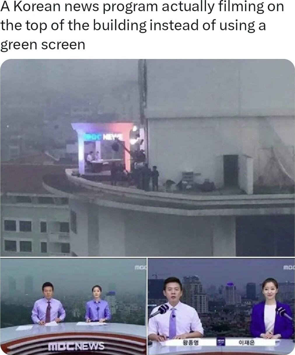 A Korean news program actually filming on the top of the building instead of using a green screen