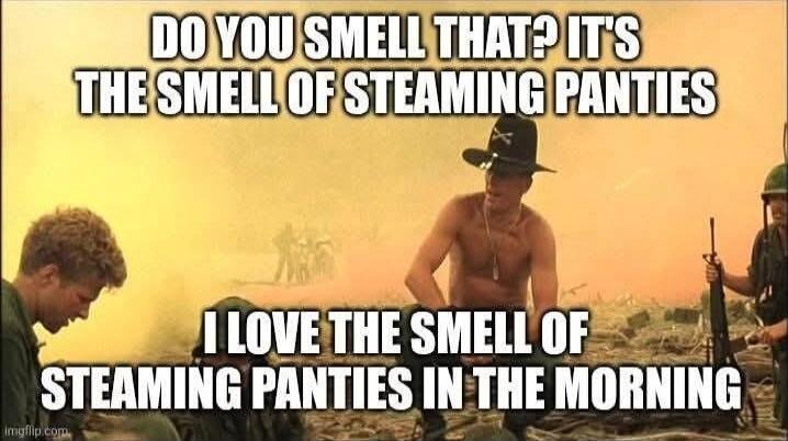 DO YOU SMELL THAT? IT'S THE SMELL OF STEAMING PANTIES
I LOVE THE SMELL OF STEAMING PANTIES IN THE MORNING