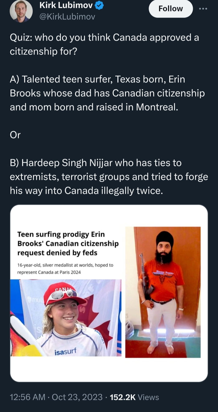 Kirk Lubimov KirkLubimc Quiz who do you think Canada approved a citizenship for A Talented teen surfer Texas born Erin Brooks whose dad has Canadian citizenship and mom born and raised in Montreal os B Hardeep Singh Nijjar who has ties to extremists terrorist groups and tried to forge his way into Canada illegally twice Teen surfing prodigy Erin Brooks Canadian citizenship request denied by feds 5