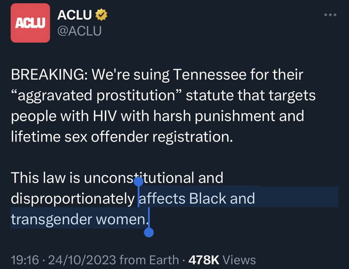 ACLU ACLU BREAKING Were suing Tennessee for their RETEIEVE Cl N R T S T CRUE I 1 people with HIV with harsh punishment and lifetime sex offender registration This law is unconstitutional and disproportionately affects Black and transgender womenl RERCRPZ YA e lopk RIGTNETAGRY QU