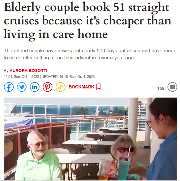 Elderly couple book 51 straight cruises because its cheaper than living in care home The retired couple have now spent nearly 500 days out at sea and have more to come after sefting off on their adventure over a year ago 15