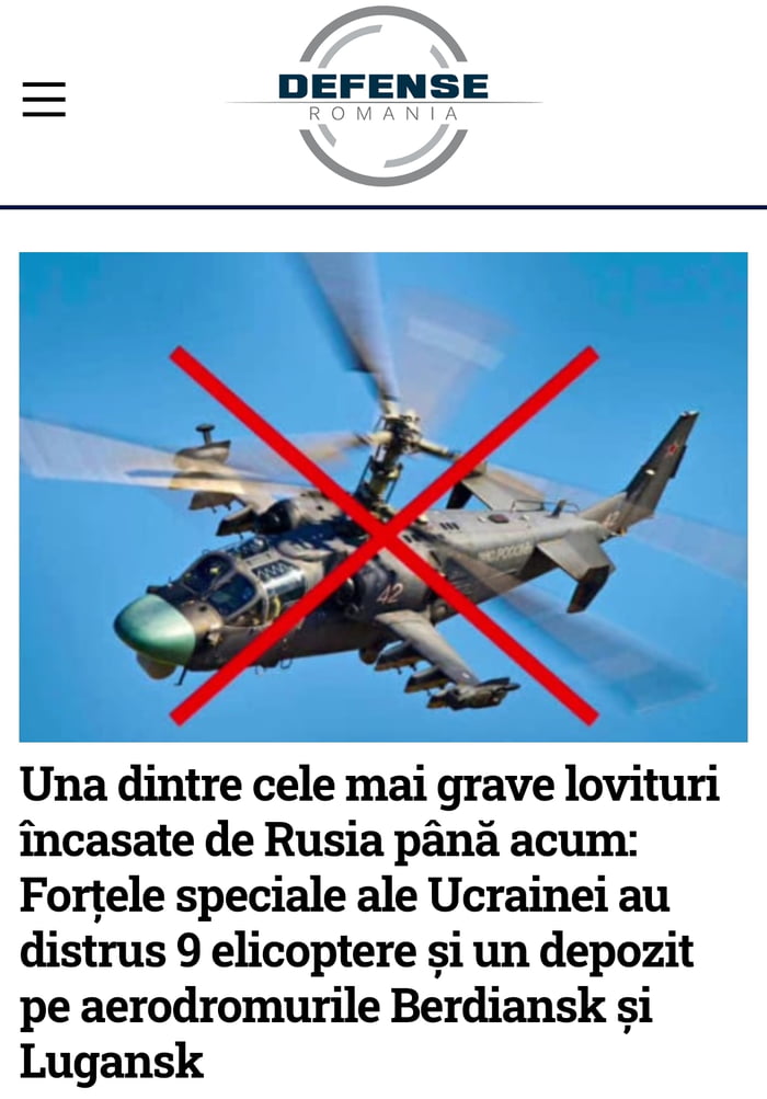 7 DEFENSE Una dintre cele mai grave lovituri incasate de Rusia pana acum Fortele speciale ale Ucrainei au distrus 9 elicoptere si un depozit pe aerodromurile Berdiansk si Lugansk