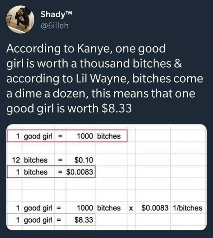 According to Kanye, one good girl is worth a thousand bitches & according to Lil Wayne, bitches come a dime a dozen, this means that one good girl is worth $8.33. Spreadsheet calculations show: 1 good girl = 1000 bitches; 12 bitches = $0.10; 1 bitch = $0.0083; 1 good girl = 1000 bitches x $0.0083 1/bitches; 1 good girl = $8.33.