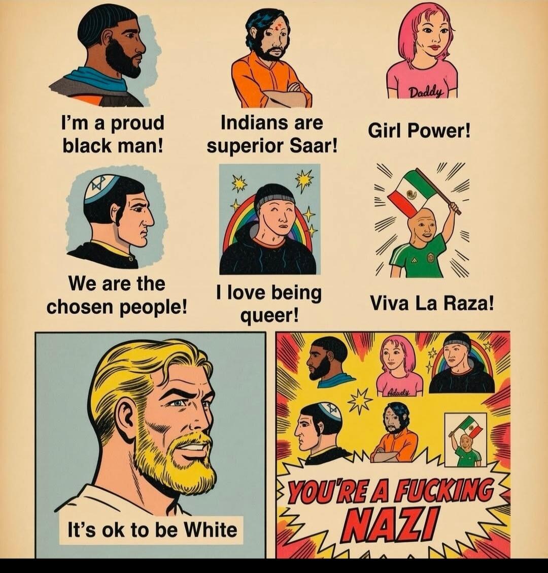 I'm a proud black man! Indians are superior Saar! Girl Power! We are the chosen people! I love being queer! Viva La Raza! It's ok to be White YOU'RE A FUCKING NAZI