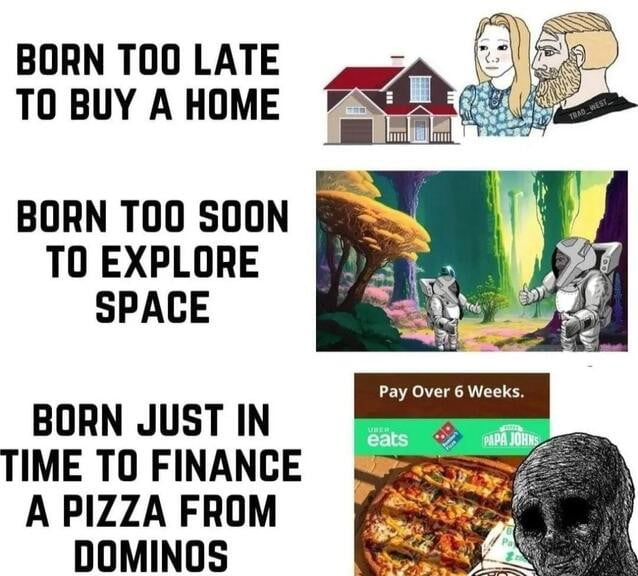 BORN TOOLATE i ToBUY A HoME R BORN TOO SOON TO EXPLORE SPACE BORN JUST IN TIME TO FINANCE A PIZZA FROM DOMINOS