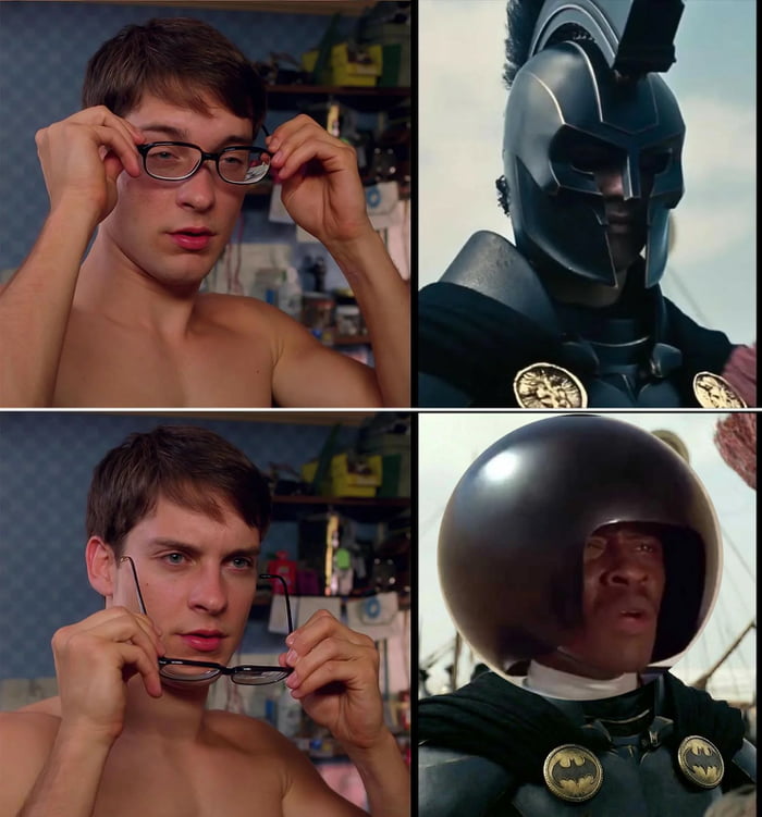 Peter Parker puts on glasses, then takes them off, comparing a Spartan helmet to a large, round black helmet with Batman insignias.