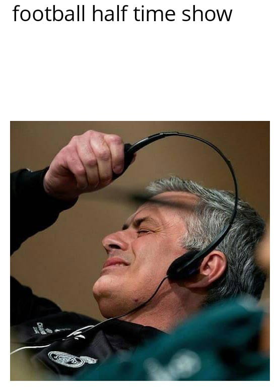 football half time show. A man, identified as football coach Jose Mourinho, is shown with a pained or disgusted expression, holding a headset away from his ear. This image is a popular meme used to express discomfort or dislike for something.