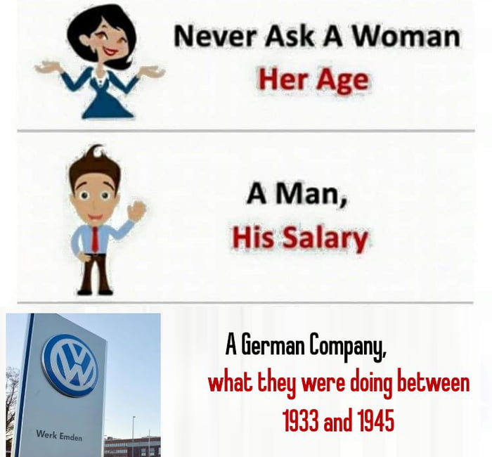 Q Never Ask A Woman W Her Age A Man His Salary A German Company what they were doing between 1933 and 1945
