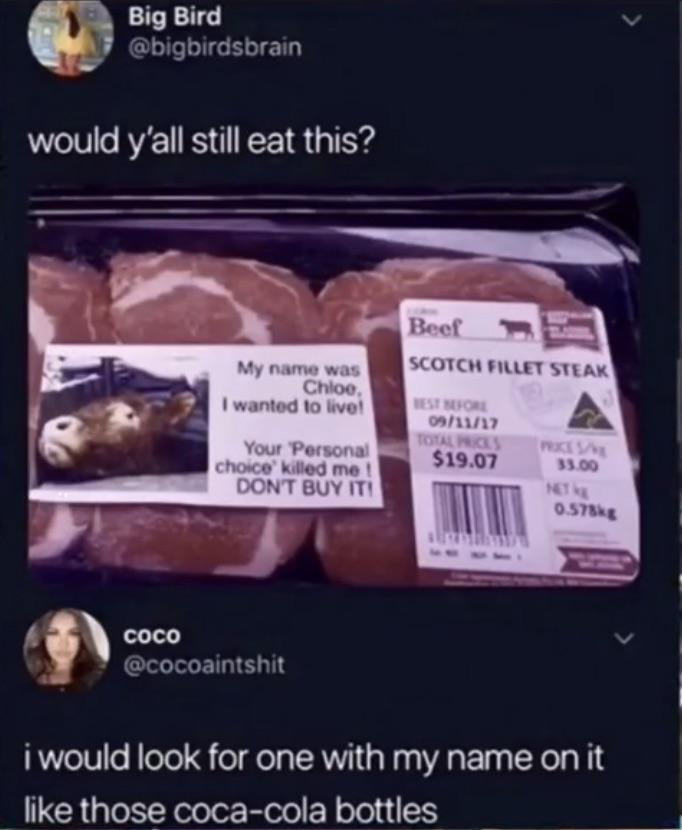 Big Bird bigbirdsbrain would yall still eat this coco v cocoaintshit i would look for one with my name on it like those coca cola bottles