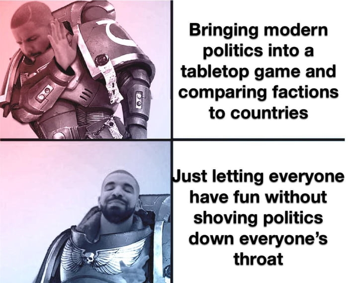 Bringing modern politics into a tabletop game and comparing factions to countries ust letting everyone have fun without shoving politics down everyones throat