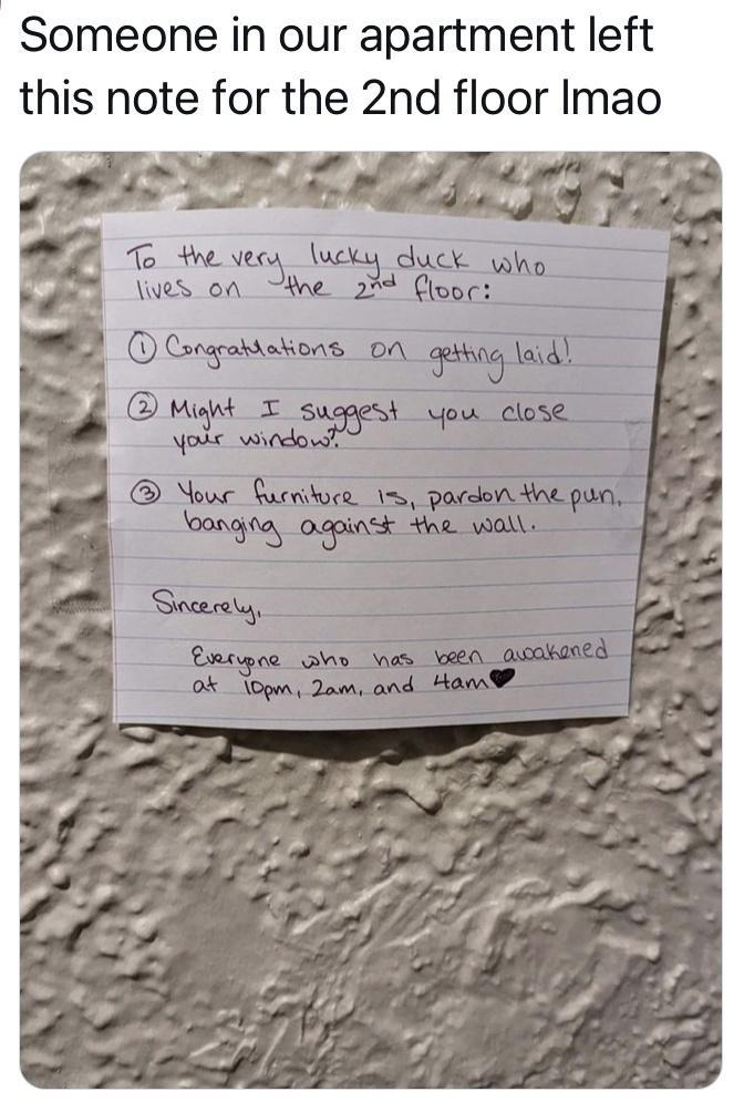 Someone in our apartment left this note for the 2nd floor Imao