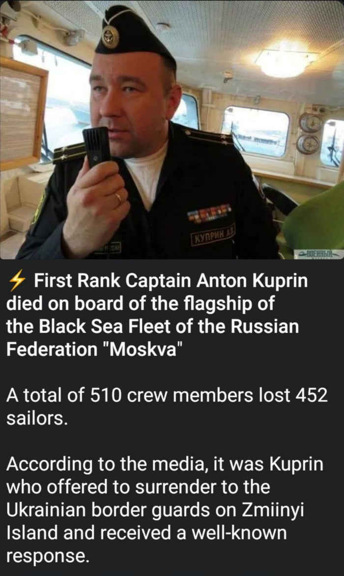 4 First Rank Captain Anton Kuprin died on board of the flagship of L 0 BT SN A CE R R G ER TS ED Federation Moskva A total of 510 crew members lost 452 sailors PaXelelol o 1o o R 3 T Waa To M RWETSH ol g1y who offered to surrender to the SIXETNTET NeTol o SR VET o BN a WA 110 Island and received a well known response