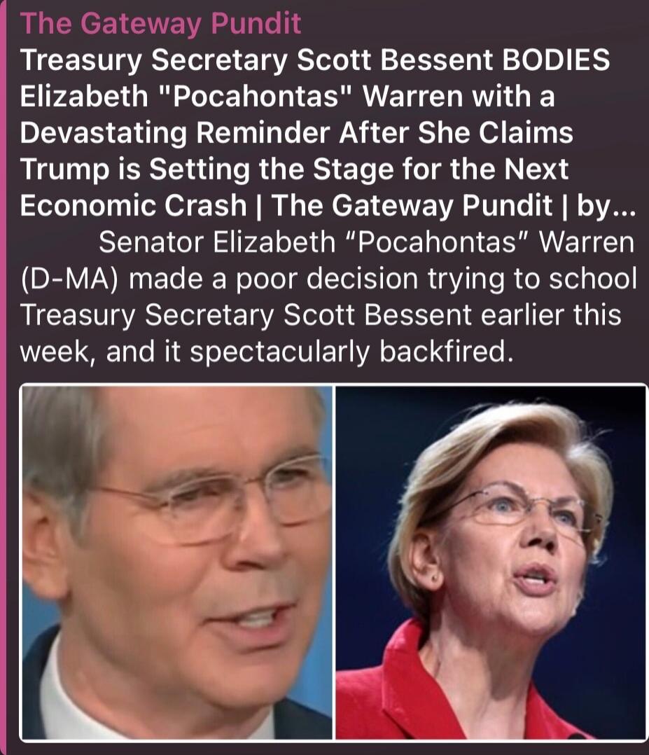 The Gateway Pundit
Treasury Secretary Scott Bessent BODIES Elizabeth 