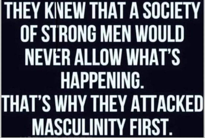 THEY KNEW THAT A SOCIETY OF STRONG MEN WOULD NEVER ALLOW WHATS HAPPENING THATS WHY THEY ATTACKED MASCULINITY FIRST