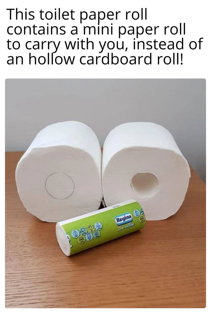 This toilet paper roll contains a mini paper roll to carry with you instead of an hollow cardboard roll