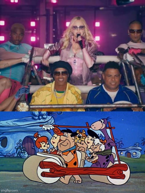 Madonna, Ronaldinho, and Ronaldo Nazário are depicted in a vehicle, possibly a float, with a background of pink lights. Below, the classic cartoon characters from The Flintstones, including Fred, Wilma, Pebbles, Barney, Betty, Bamm-Bamm, and Dino, are shown riding in their iconic foot-powered car. The image creates a humorous comparison between the