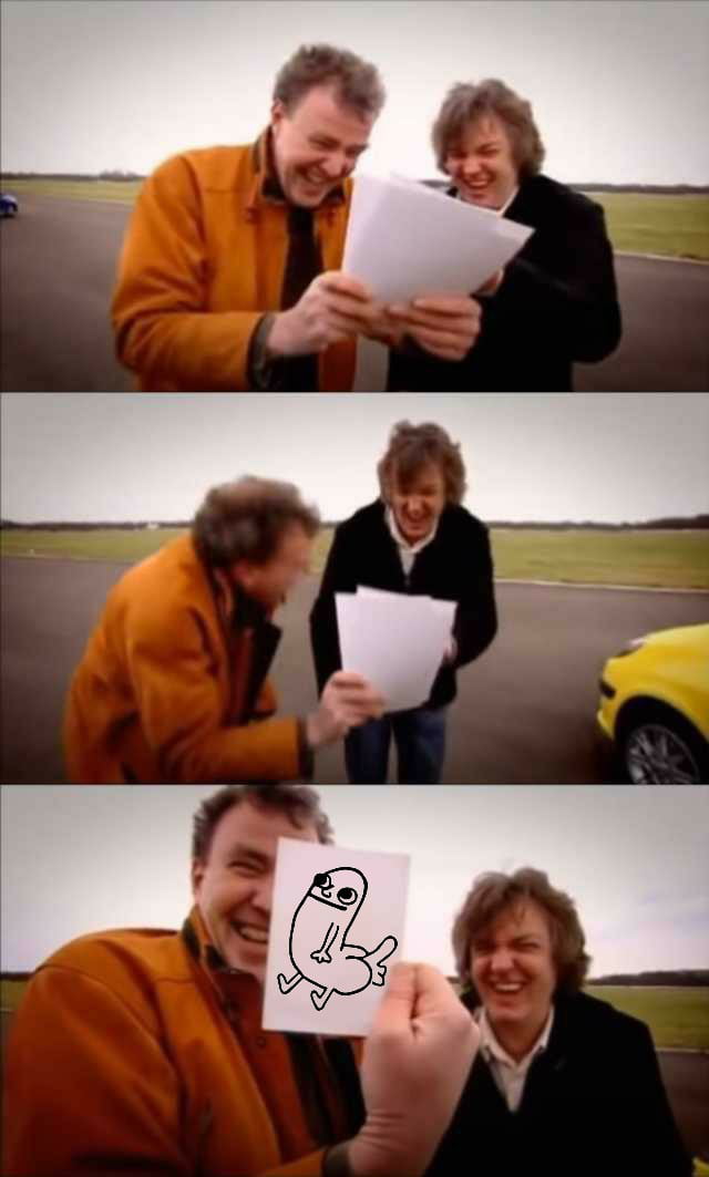A cartoon drawing of a penis with a face and legs, held up by Jeremy Clarkson.