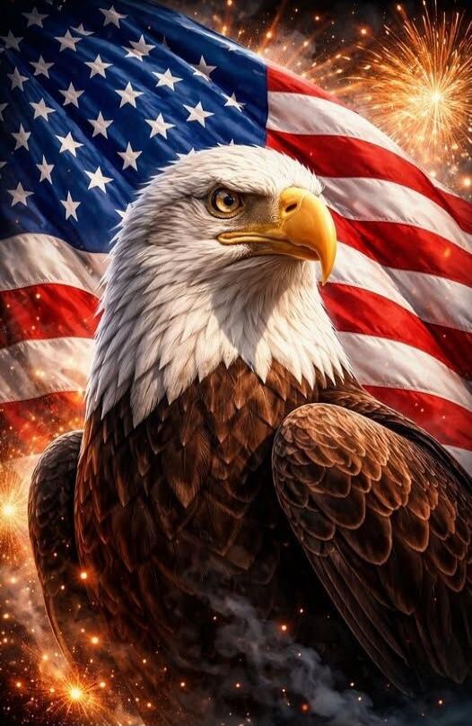 Patriotic bald eagle with the American flag in the background.