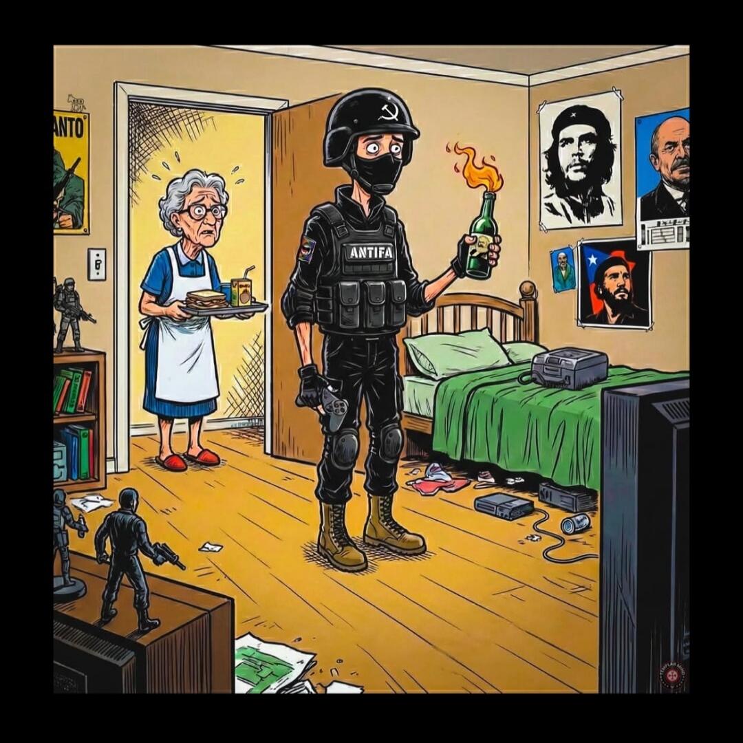 A cartoon shows a heavily armed figure in tactical gear with a vest labeled 'ANTIFA' holding a Molotov cocktail and a pistol in a bedroom. An elderly woman in an apron stands at the doorway, holding a tray. The room has posters on the walls (including portraits resembling Che Guevara and other revolutionaries). The bed is unmade, and the floor is c