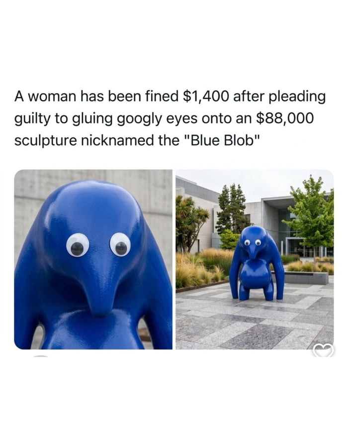A woman has been fined $1,400 after pleading guilty to gluing googly eyes onto an $88,000 sculpture nicknamed the 