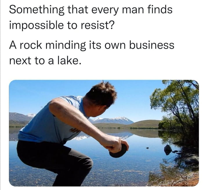 Something that every man finds impossible to resist A rock minding its own business next to a lake