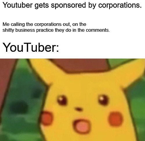 Youtuber gets sponsored by corporations Me calling the corporations out on the shitty business practice they do in the comments YouTuber A RN