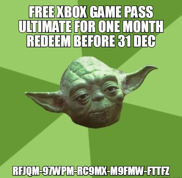 FREEXBOX GAME PASS ULTIMATEFOR ONE MONTH REDEEMBEFORE 31 DEC REJQM97WPMRCOMX MOFMW FTTFZ