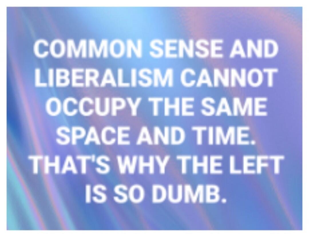 COMMON SENSE AND LIBERALISM CANNOT OCCUPY THE SAME SPACE AND TIME. THAT'S WHY THE LEFT IS SO DUMB.
