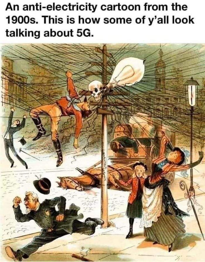 An anti electricity cartoon from the 1900s This is how some of yall look talking about 5G