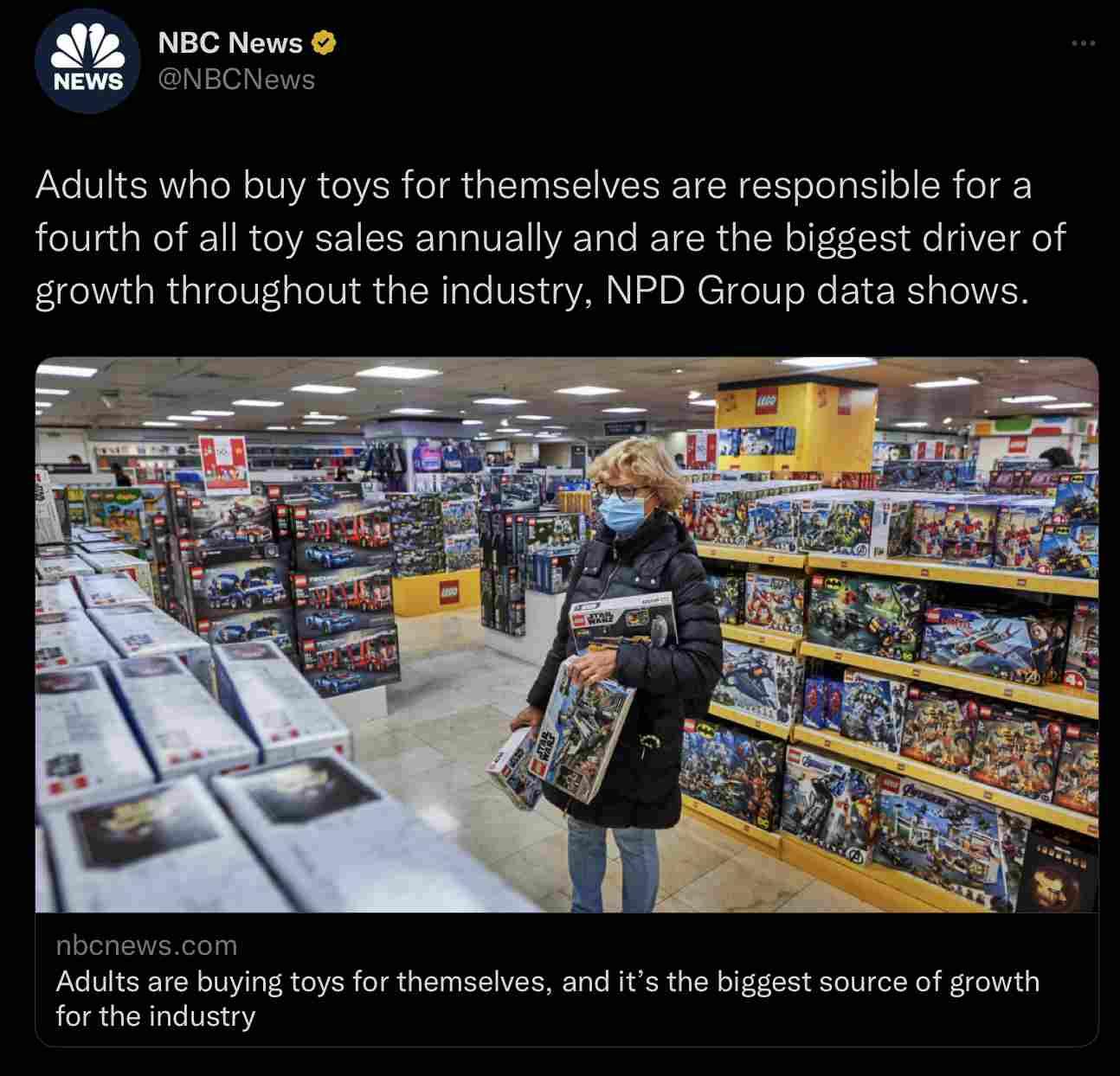 A nECKews o Newe NECNews Adults who buy toys for themselves are responsible for a fourth of all toy sales annually and are the biggest driver of growth throughout the industry NPD Group data shows Adults are buying toys for themselves and its the biggest source of growth for the industry