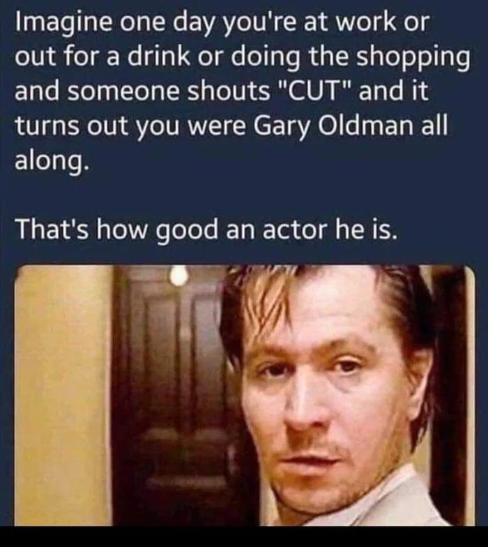 Imagine one day youre at work or elVi eTge e Ty LT oo Ry RS TeTaTally o and someone shouts CUT and it turns out you were Gary Oldman all along Thats how good an actor he is o ey