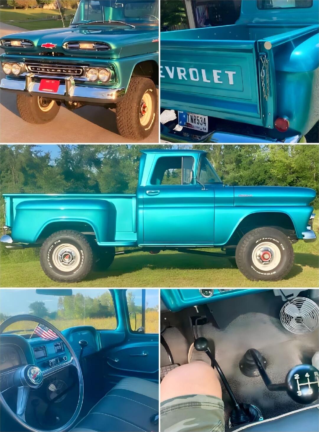 CHEVROLET (visible on the tailgate) // American flag on the dash (interior) // classic teal Chevrolet pickup truck collage showing front grille, side profile, and interior details
