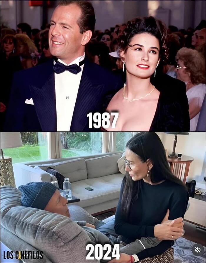 Bruce Willis and Demi Moore in 1987, looking elegant at an event. Bruce Willis and Demi Moore in 2024, with Bruce appearing frail on a couch and Demi sitting beside him. Text on image: 1987, 2024, LOS CINEFILOS.