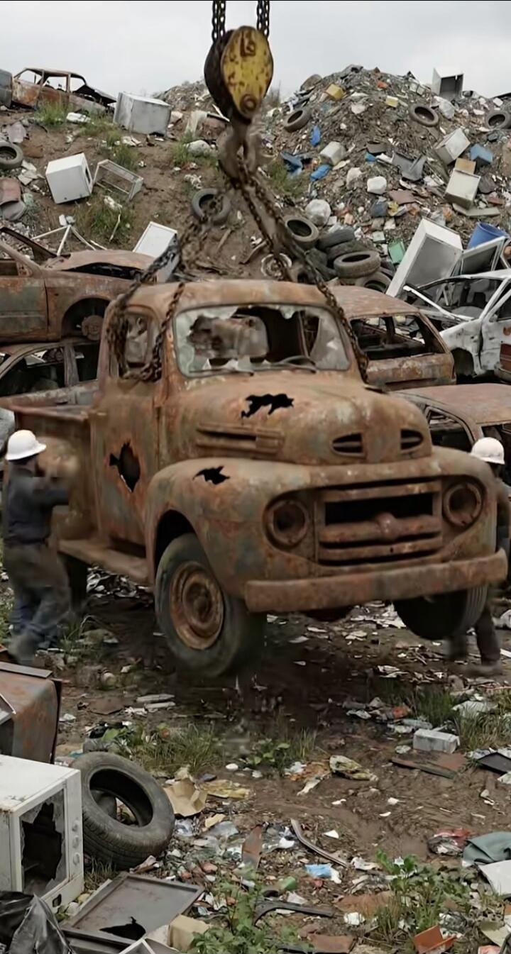 The video shows a rusty old truck being lifted by a crane at a junkyard. There are several other wrecked cars and piles of scrap metal in the background. Two workers in hard hats are visible, one on the left side of the truck and another on the right.