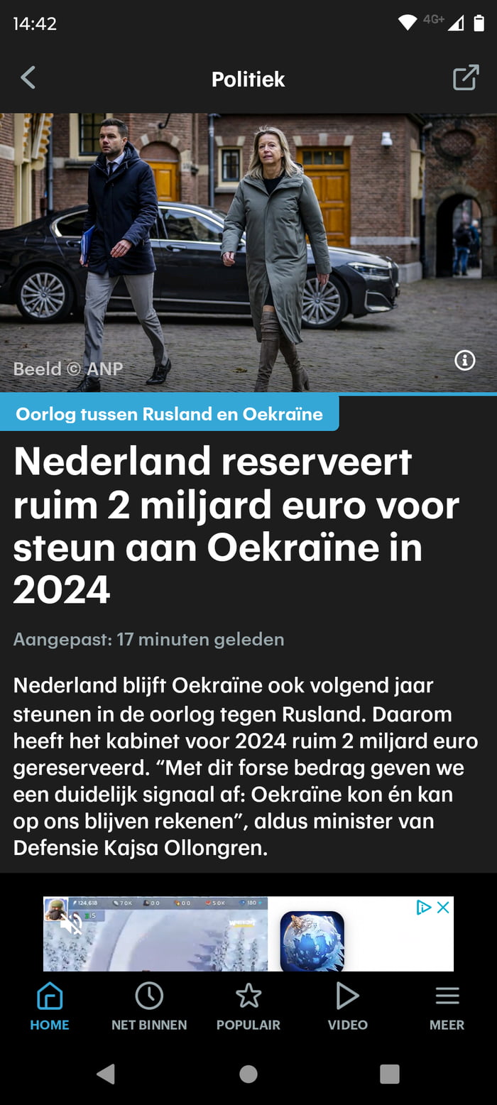 Y o o Vo W T Y TaV Y1g ruim 2 miljard euro voor steun aan Oekraine in ployZit Aangepast 17 minuten geleden Nederland blijft Oekraine ook volgend jaar steunen in de oorlog tegen Rusland Daarom heeft het kabinet voor 2024 ruim 2 miljard euro gereserveerd Met dit forse bedrag geven we een duidelijk signaal af Oekraine kon n kan op ons blijven rekenen aldus minister van Defensie Kajsa Ollongren r 5 3 