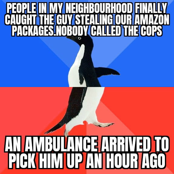 PEOPLEINMYINEIGHBOURHOODFINALLY CAUGHTETHEGUYSTEALINGIOURIAMAZON PACKNGESNOBODYICALLEDTHECOPS ANAMBULANGEARRIVEDTO PICKHIM UPANHOURAGO
