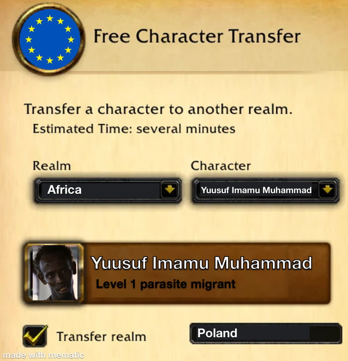 B Free Character Transfer Transfer a character to another realm Estimated Time several minutes Realm Character m L