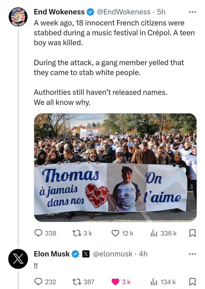 End Wokeness EndWokeness 5h A week ago 18 innocent French citizens were stabbed during a music festival in Crpol A teen boy was killed During the attack a gang member yelled that they came to stab white people Authorities still havent released names We all know why Q338 W3k Q 12k i3s3k R e Elon Musk B elonmusk 4h u 232 1387 3k i 13ak R
