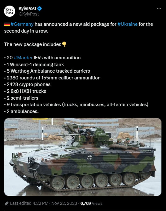 Gemany has announced a new aid package for Ukraine for the second day inarow The new package includes 20 Marder IFVs with ammunition 1 Winsent 1 demining tank 5 Warthog Ambulance tracked carriers 2380 rounds of 155mm caliber ammunition 2428 crypto phones 28x8 HX81 trucks 2 semi trallers 9 transportation vehicles trucks minibusses al terrain vehicles 2 ambulances