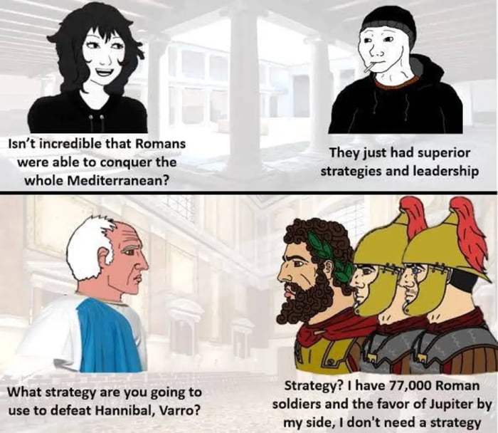 Isnt incredible that Romans were able to conquer the whole Mediterranean They just had superior s and leadership What strategy are you going to use to defeat Hannibal Varro Strategy have 77000 Roman soldiers and the favor of Jupiter by my side dont need a strategy