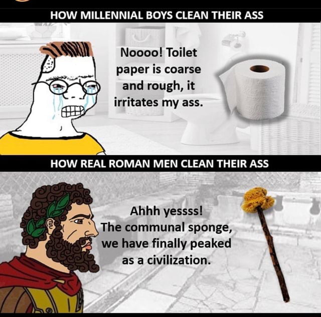 HOW MILLENNIAL BOYS CLEAN THEIR ASS AN Noooo Toilet S paper is coarse and rough it irritates my ass Ahhh yessss The communal sponge we have finally peaked as a civilization