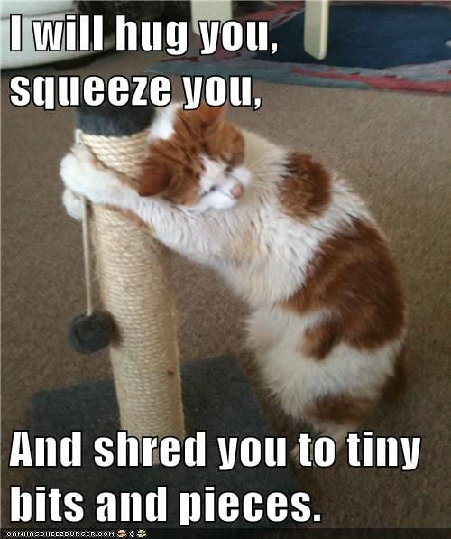 I will hug you, squeeze you, And shred you to tiny bits and pieces.